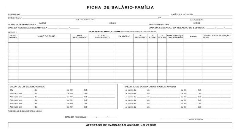 Tabela ficha de salário-família